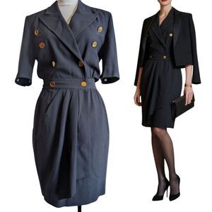 Escada Navy  💯 Virgin Wool Tailored Double Breast Wrap Effect Dress Small